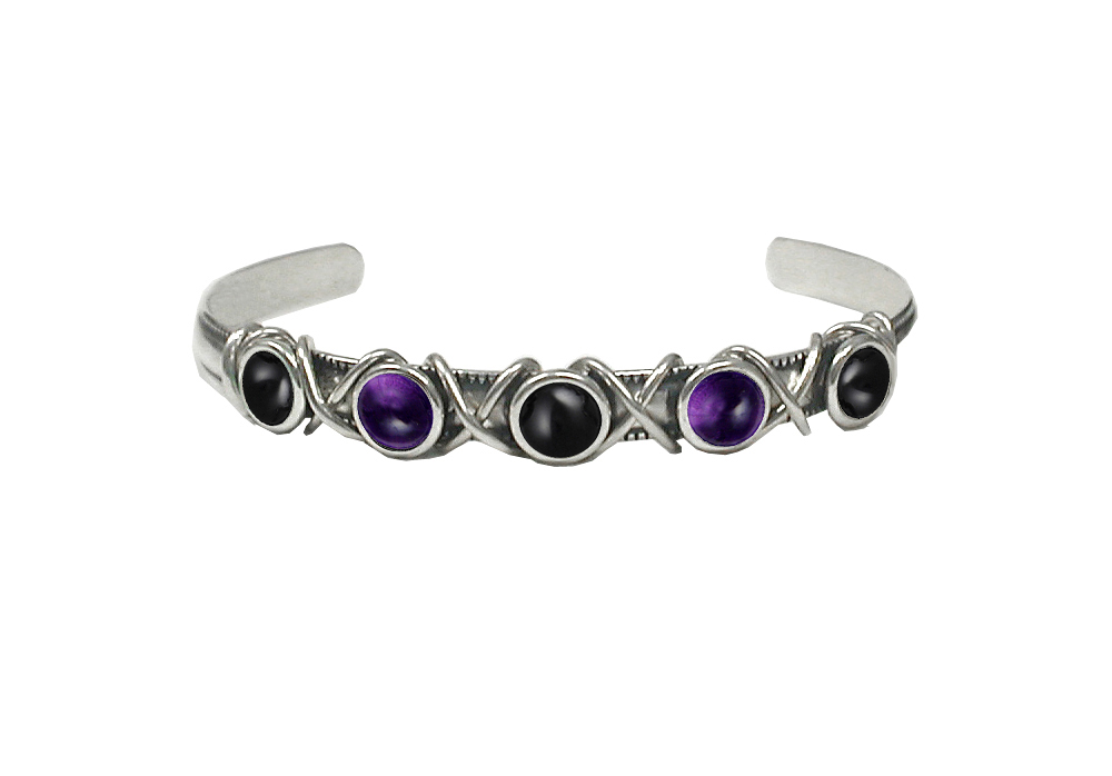 Sterling Silver Cuff Bracelet With Black Onyx And Amethyst